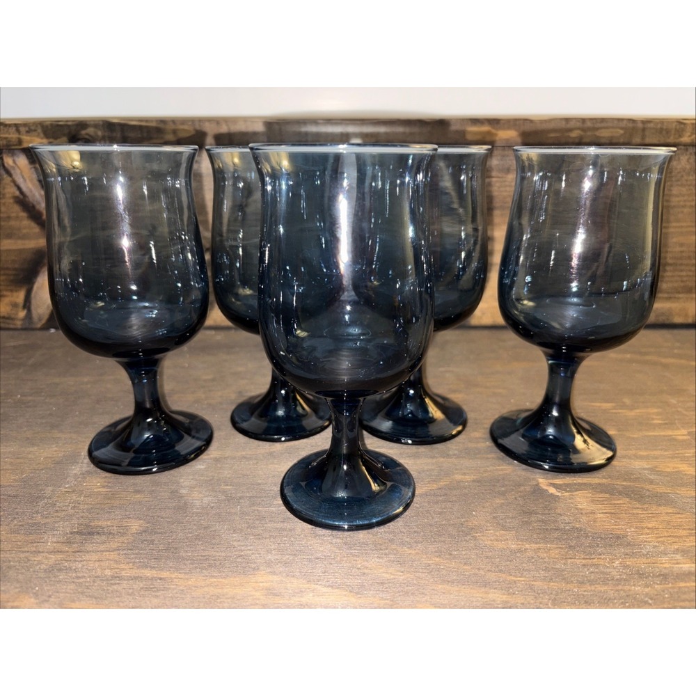Vintage Libbey Connoisseur Dusky Blue Tulip Water Goblet Wine Glass Set Of 5